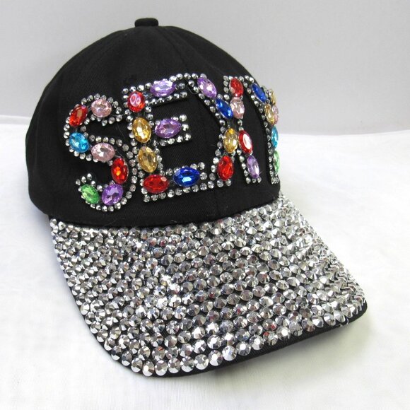 Women's SEXY Sparkle Multicolor Crystal Bling Black Baseball Hat Cap NWT - Picture 2 of 4